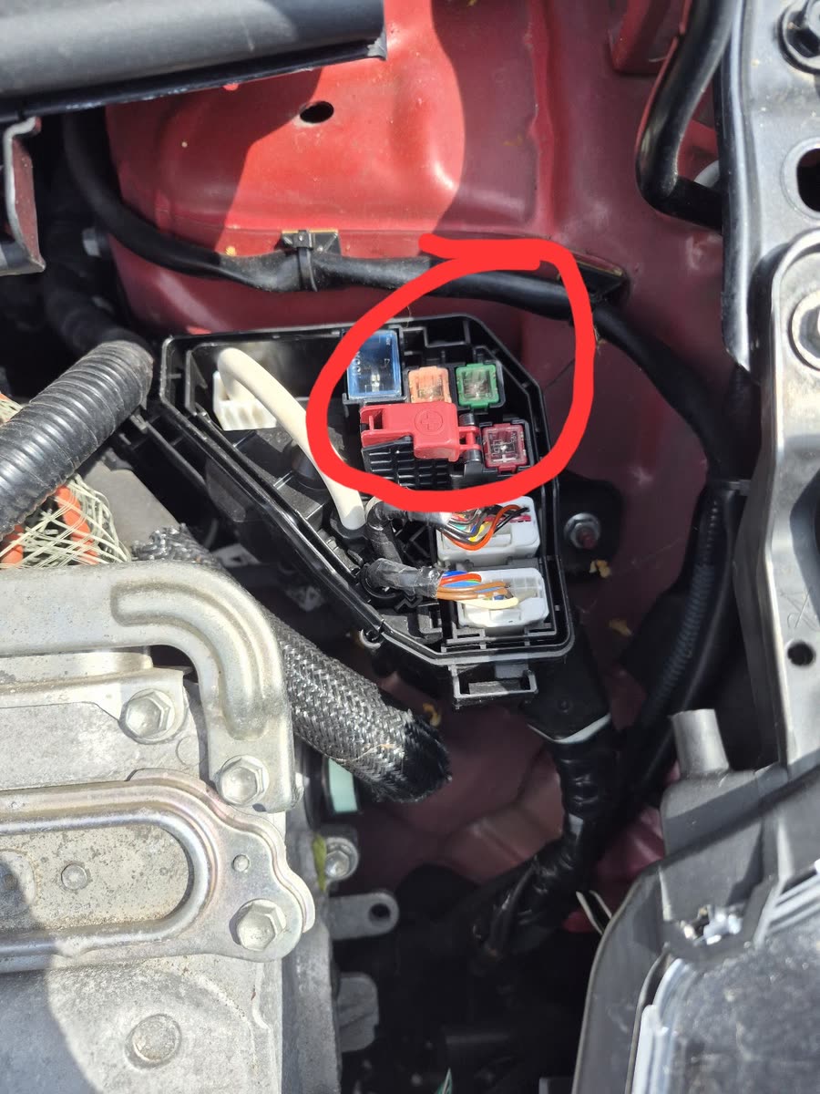 Close-up of a fuse and relay box in an engine bay with the faulty component circled